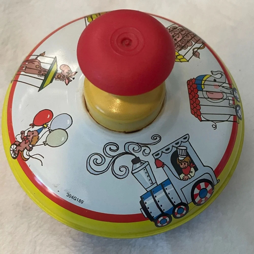 Vintage Ohio Art Circus Train Themed Tin Spinning Top 1960s